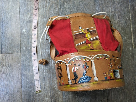 Vintage Spanish Leather Bucket Purse, Hand Painte… - image 6