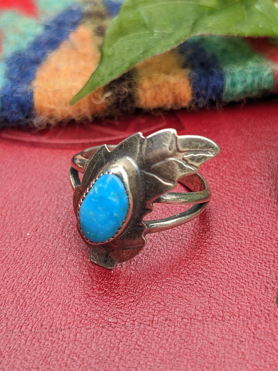 Turquoise Ring - Gorgeous Blue & Hand stamping on Sterling - Size 7 main image 1