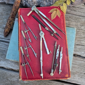 Vintage 6-Component Drafting Compass Lot, Collectable Precision Tools
