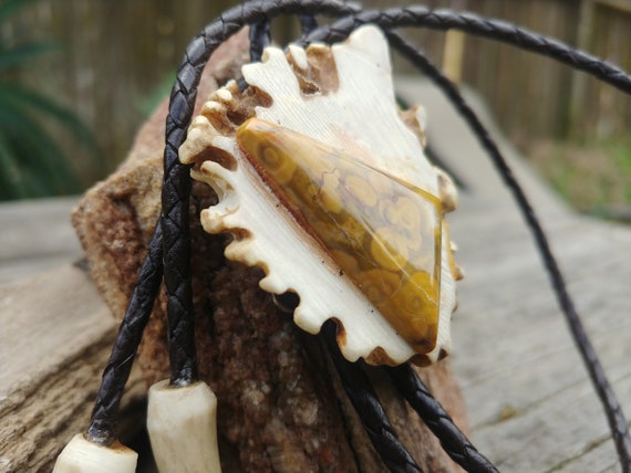 Vintage Leopard Skin Jasper Elk Antler Bolo Tie - image 5