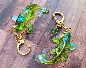 Handmade resin jade koi fish keychain, green koi fish, good luck charm, resin koi fish, lucky charm, purse accessory, keychain clip