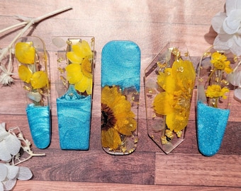 Aquamarine Hair Clip, March Birthstone Resin Barrette, Gold Flakes & Dried Flowers