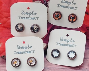 Stud earrings, Halloween resin stud earrings, handmade earrings, statement piece, cat earrings, ghost earrings, pumping earrings