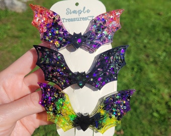 Handmade bat barrettes, Halloween resin bat hair clips, cute colorful goth barrettes, bat clips