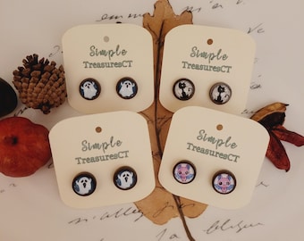 Spooky stud earrings, handmade resin earrings, Halloween stud earnings, ghost earrings, bat earrings, black cat earrings