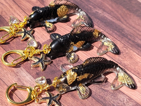 Lucky Koi Fish Keychain Black and Gold Koi Fish Good Luck Charm