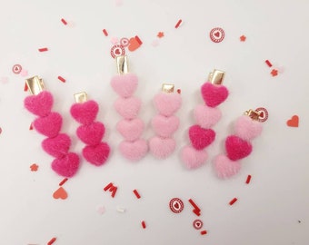 Set of two hair clips, fuzzy velvet heart clips, heart clips, fuzzy heart clips, Valentine's Day hair barrettes, alligator hair clips