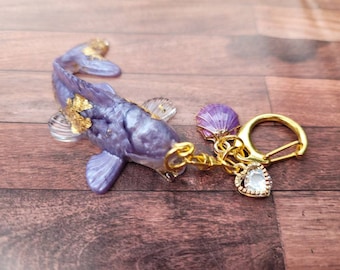 Handmade Lavender Koi Fish Resin Keychain, Gold Flakes