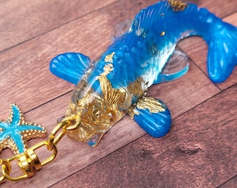 Lucky koifish keychain, blue koi fish, good luck charm, resin koi fish, lucky charm, purse accessory, keychain charm