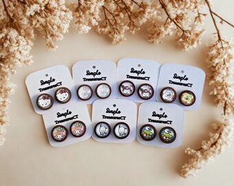 Handmade Hello Kitty & Friends Stud Earrings, Resin Wooden Frame