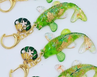 Handmade resin light green koi fish keychain, green koi fish, good luck charm, resin koi fish, lucky charm, purse accessory, keychain clip