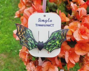 Handmade green bat barrettes, Halloween resin bat hair clips, cute colorful goth barrettes, bat clips