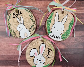 Personalized Easter Gift Tag: Hand-Painted Bunny, Natural Wood Slice