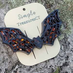 Handmade orange bat barrettes, Halloween resin bat hair clips, cute colorful goth barrettes, bat clips