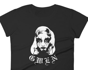 GWEN Women's short sleeve t-shirt, Corpse Paint Gwen Stefani No Doubt shirt, black doom funeral death metal goth, old english font, 90s ska