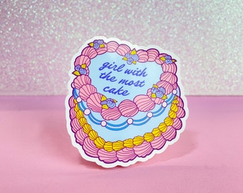 Girl With The Most Cake pastel sticker, Hole Courtney Love inspired, vintage kitsch cake, 90s grunge music lyrics, cute pink dessert baker