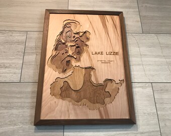 Laser Cut Wood Topography Map | Lake Lizzie