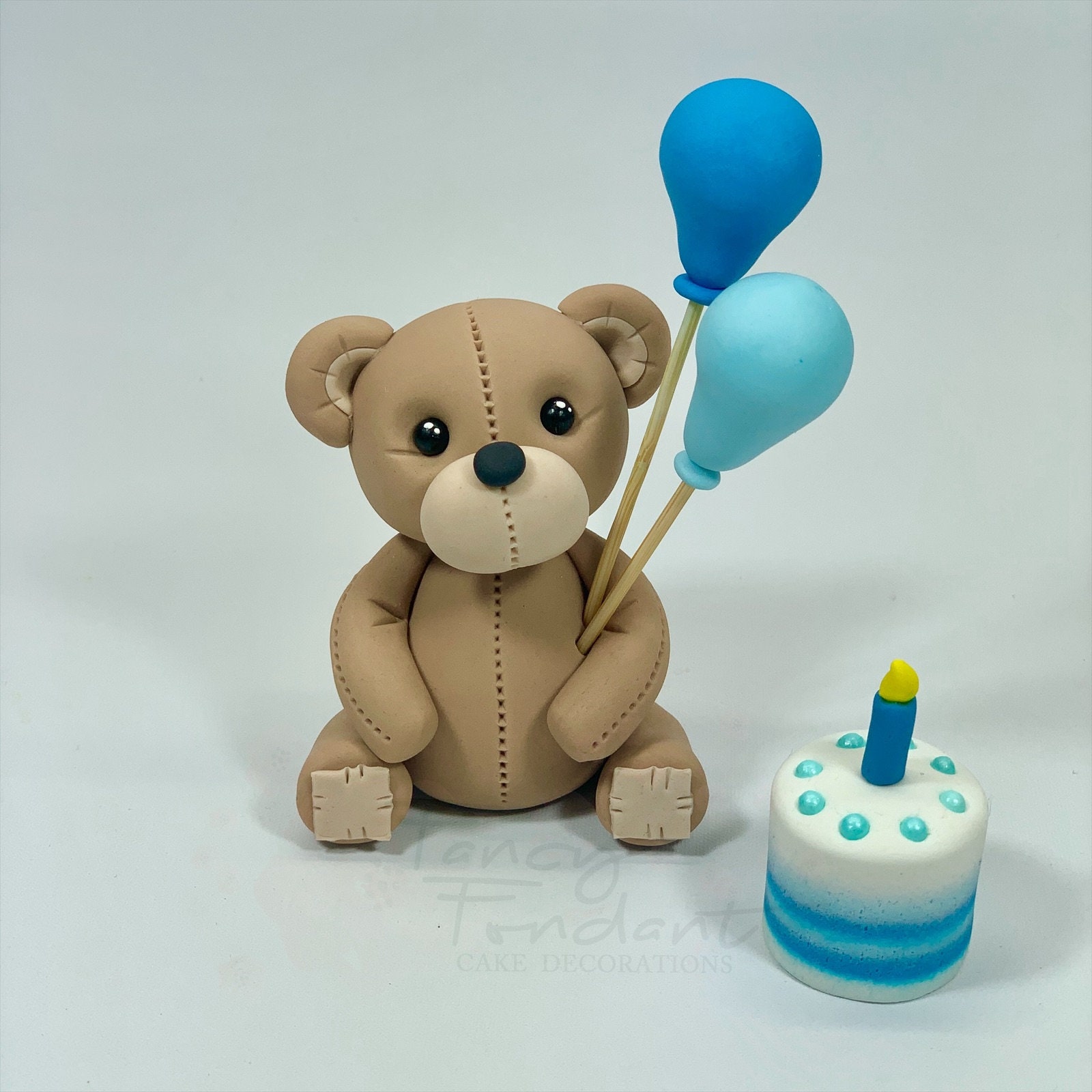 Fondant Teddy Bear with balloons & Birthday Cake, Cake topper