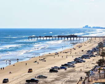 Daytona Beach Shores Photo Print, Sunglow Pier, Skyline, Cars on Beach