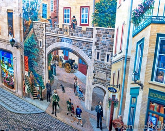 Mural on building, Old Quebec City, Canada, Quaint vintage town, Metal, canvas, art print photo photograph, Montreal, Urban Home Décor