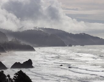 May include: A scenic coastal landscape featuring a misty ocean meeting a forested shoreline. The image captures a moody, overcast day with rolling waves and a hazy atmosphere. The dark, rocky cliffs contrast with the bright, foamy water.