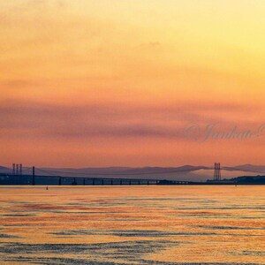 Bold sunrise on Saint Lawrence River, bridge, orange, yellow, landscape photography, art printing photo, canvas wrap, metal, Quebec