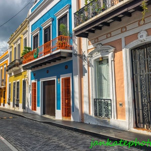 Casitas della Vecchia San Juan a Porto Rico, stampa dell&#39;Isola dei Caraibi, fotografia di viaggio, Arte scaricabile, Download digitale, edifici storici