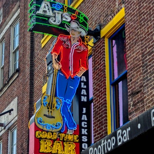AJ&#39;s Good Time Bar, Alan Jackson, Nashville Photography, Neon Lights, Country Music, singer, Vertical print, Colorful Print, roof top bar