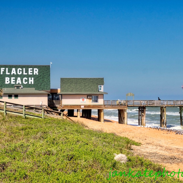 Flagler Beach sign, Municipal Pier, Flagler beach, sunny Florida day, beach decor, red sand, fine art print, photo print, metal print