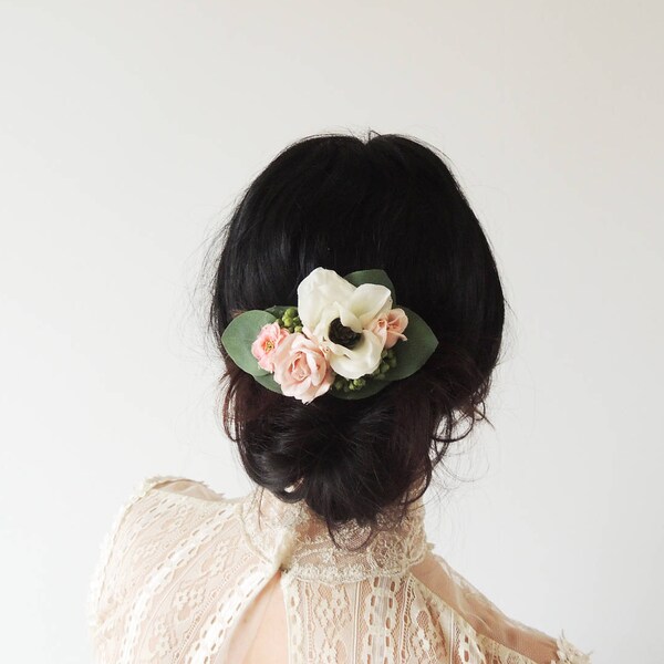 Pince à cheveux de mariage à fleurs roses et blanches