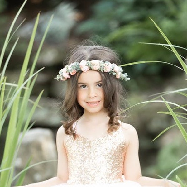 Eucalyptus and Pink Flower Crown, Flower Girl Crown, Wedding Flower Crown