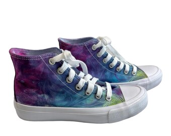 Womens size 7 tie dye high top canvas shoes, marble dyed sneakers,