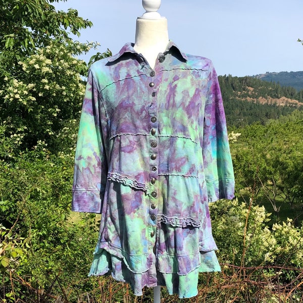 Tie dye jersey button up shirt, womens long sleeve cotton top, size large
