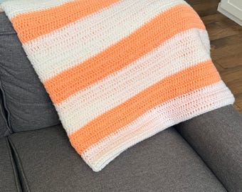 Handmade Unisex Afghan Blanket Vintage Striped 60x60 Orange White Crochet Throw
