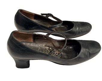 Geppetto Womens Mary Jane Pump Vintage Block Heel Black Leather Shoe