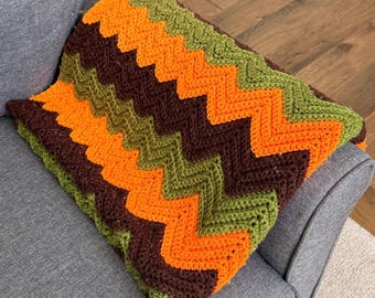 Vintage Handmade Crochet Afghan Blanket Chevron Ripple Brown Orange Green Throw