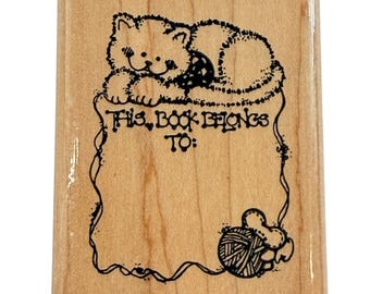 Vintage Wood Mounted Rubber Stamp This Book Belongs to Cat Yarn Library Teacher