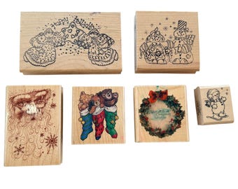 Christmas Rubber Stamp Lot Santa Snowman Angels Tan Wood