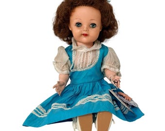 Vintage Hard Plastic Doll Girl OS Blue Lace Pinafore Dress Brown Hair Sleep Eyes