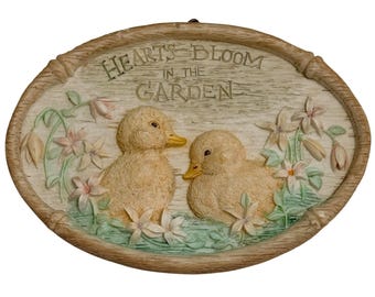 Vintage Russ Duckling Wall Plaque Hearts Bloom in the Garden Good Wishes