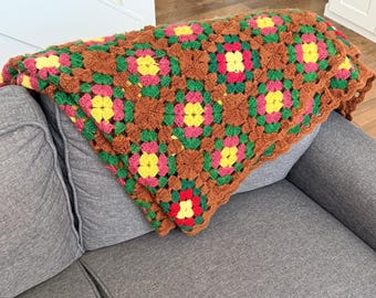 Handmade Afghan Blanket Vintage Granny Square Floral 72x53 Brown Crochet Throw