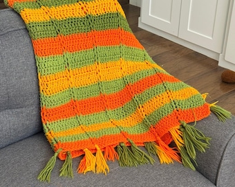 Vintage Handmade Crochet Throw Blanket Fringe Boho Orange Green Yellow Afghan