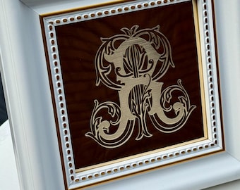 Custom Monogram Brass Sign Plate: Vintage Vine Font, White Framed Decor