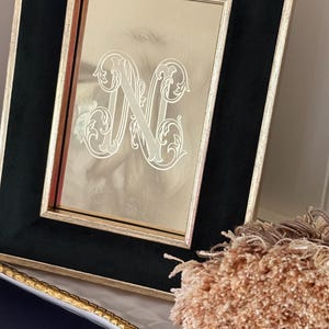 May include: A framed picture with a gold-colored background and a large, ornate letter "N" in white. The frame is black with a gold inner border. A tan, fluffy decorative item is in the foreground.