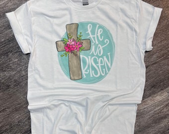 He Is Risen One Cross T-shirt - Jesus T-shirt - Easter Tee - Womens Graphic T-shirt