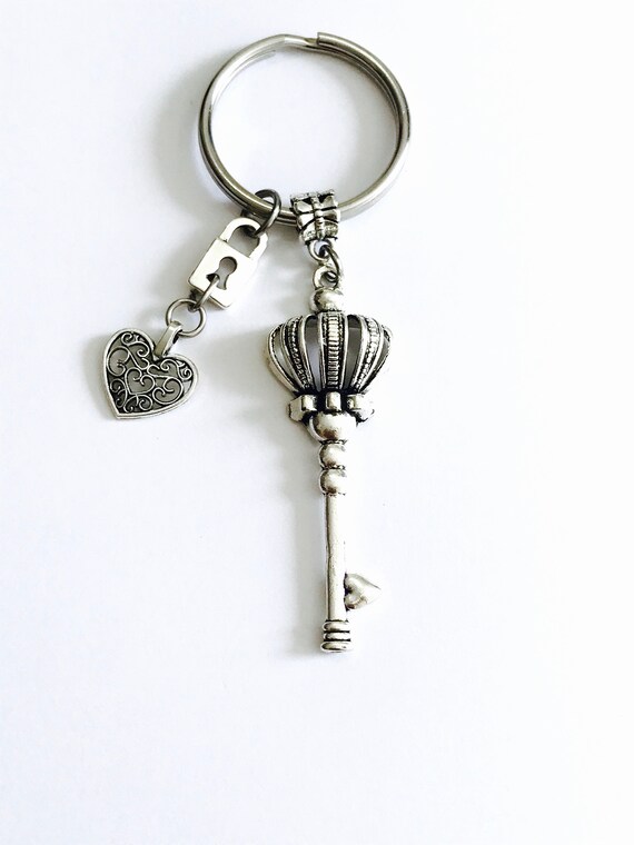 Key Keychain Heart Lock Charms Silver Tone Charmed Keyring Etsy