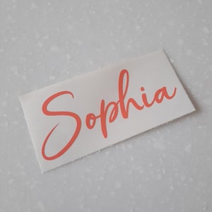May include: A white sticker with the name "Sophia" written in a cursive font in bright orange.