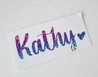 Cheetah Name Decal, Rainbow Cheetah Name Decal, Custom Name Decal With Heart, Personalized Name Decal, Vinyl Decal, Name Sticker, Cup Decal