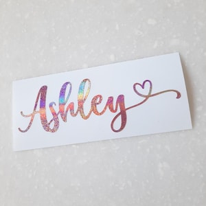 Custom Name Decal With Heart, Personalized Name Decal, Name Sticker With Heart, Iridescent decal, Holographic Decal, Metallic Name Decal