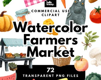 Watercolor Farmers Market Clipart PNG Pack, Food Clip art for commercial use, Transparent PNGs, Vegetables, Fruit, Stall, Basket, Patterns